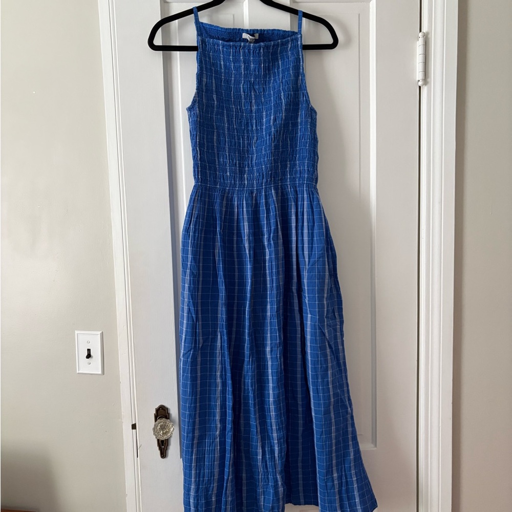Madewell Smocked High Neck Midi Dress in Plaid